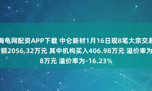海龟网配资APP下载 中仑新材1月16日现8笔大宗交易 总成交金额2056.32万元 其中机构买入406.98万元 溢价率为-16.23%